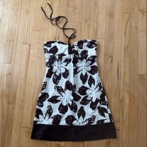 Trixxi Y2K White Strapless Sundress with Halter Neck Tie Dark Brown Floral Print